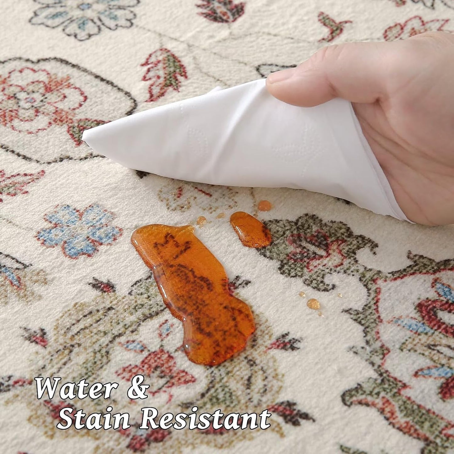 Washable 5x7 Area Rugs for Living Room, Boho Non-Slip Silicone Backing Rugs for Bedroom Dining Room Nursery Office, 0.3" Neutral Oriental Throw Carpet with 0.16" Cushioning Pad, Light Beige/Multi