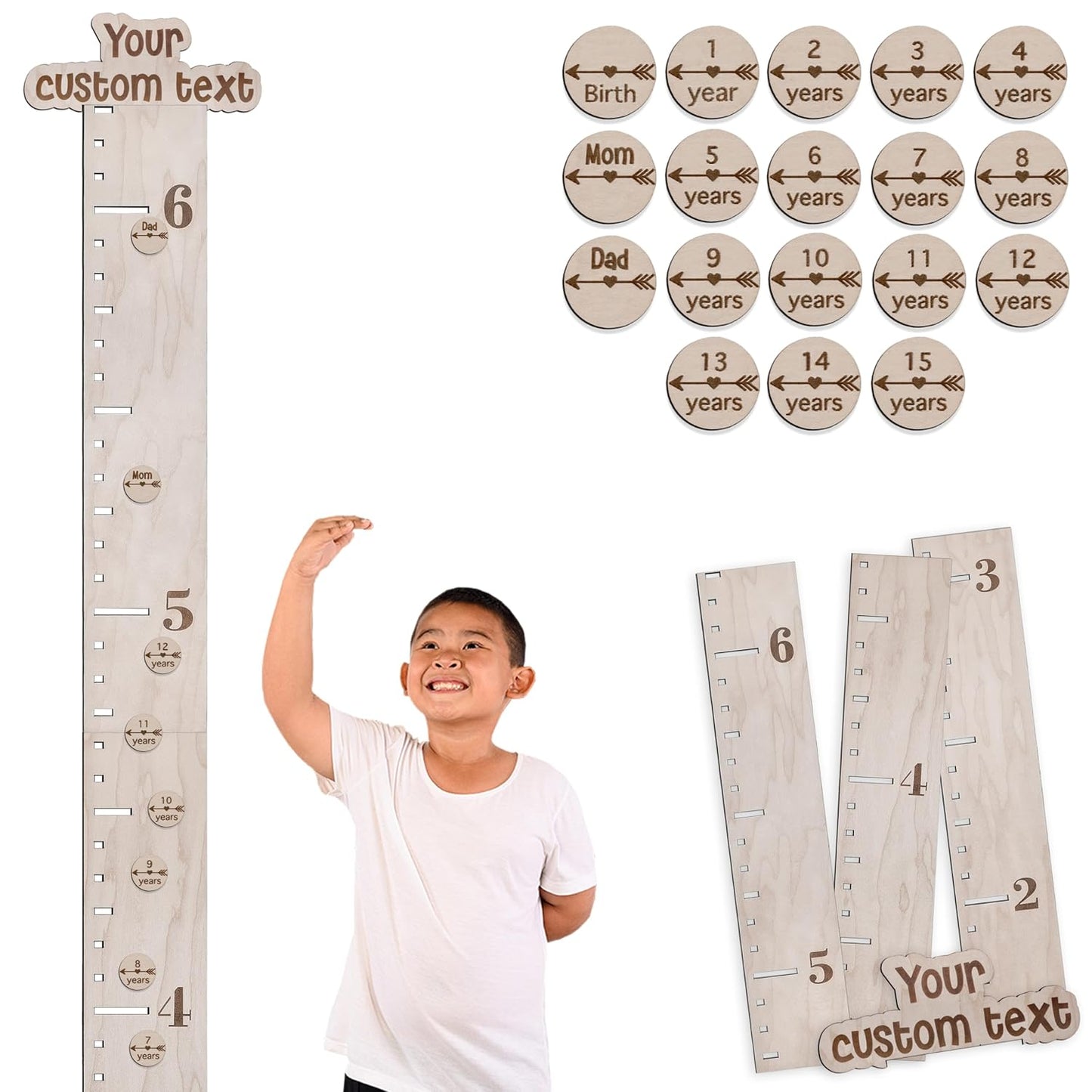 Personalized Wooden Ruler Growth Chart for Kids with Height Markers, Custom Name Growth Chart Hanging Decor for Baby Boy & Girl, Family Measuring Board Wood, Wall Meter for Children (56 in x 3,5 in)