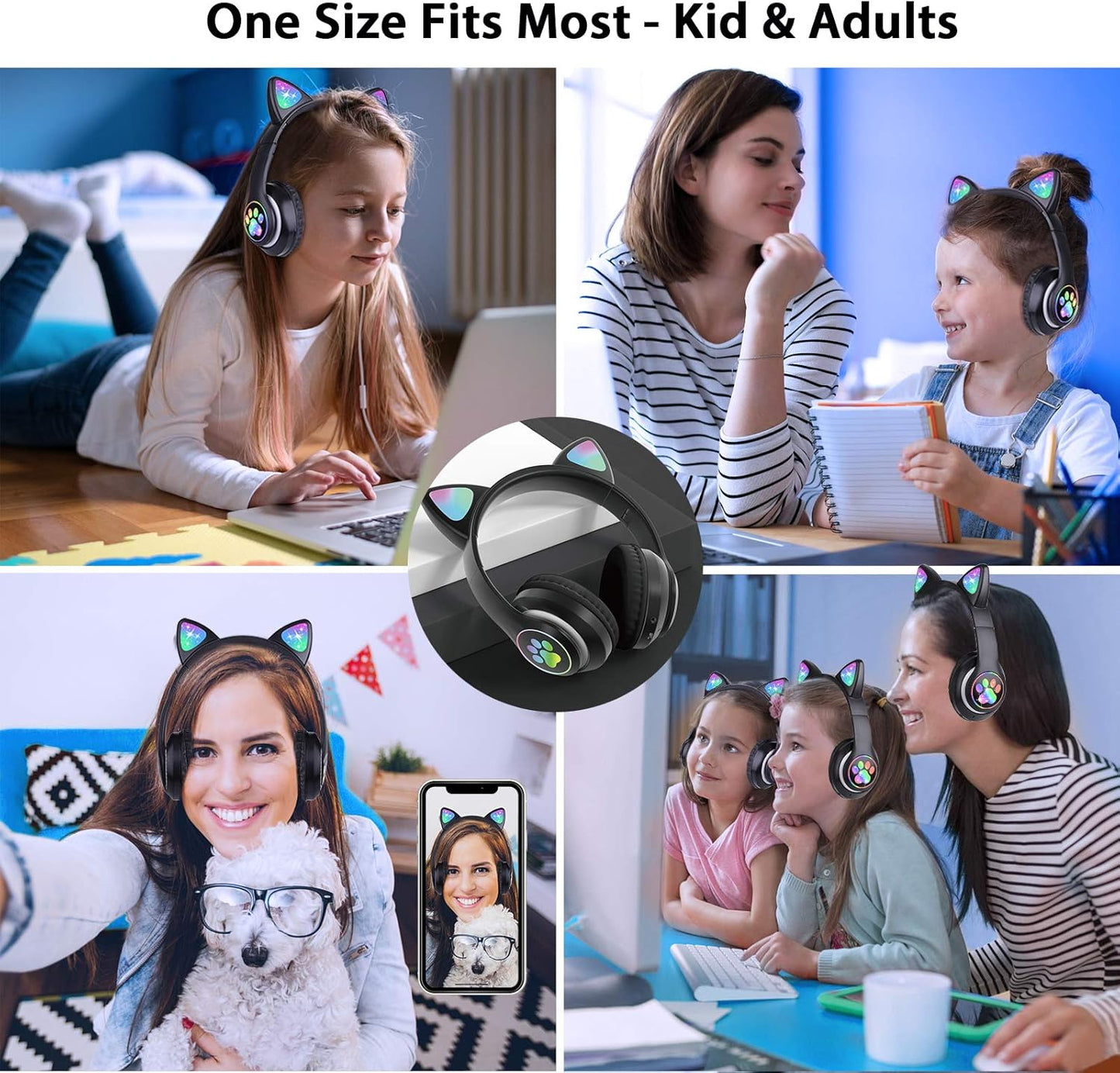 TCJJ Kids Wireless Headphones - Cat Ear LED Light Up, Bluetooth 5.4, Safe Volume Limit, Noise Cancelling with Mic & TF Card for Girls Boys Toddlers School (Black)