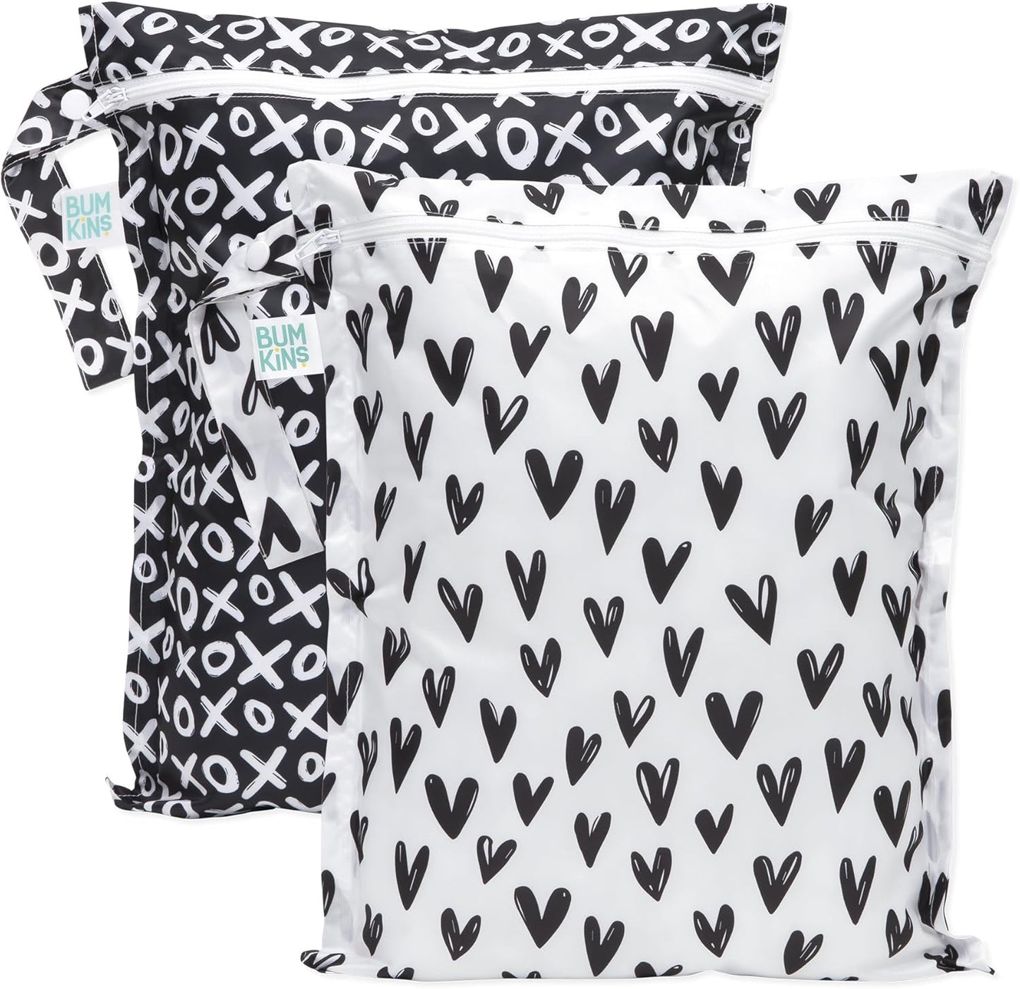Bumkins - Waterproof Wet Bag - For Baby, Travel, Swim Suit, Cloth Diapers, Pump Parts, Pool, Gym, Toiletry, Strap to Stroller - Reusable & Easy to Clean - 2pk - Hearts & XOXO