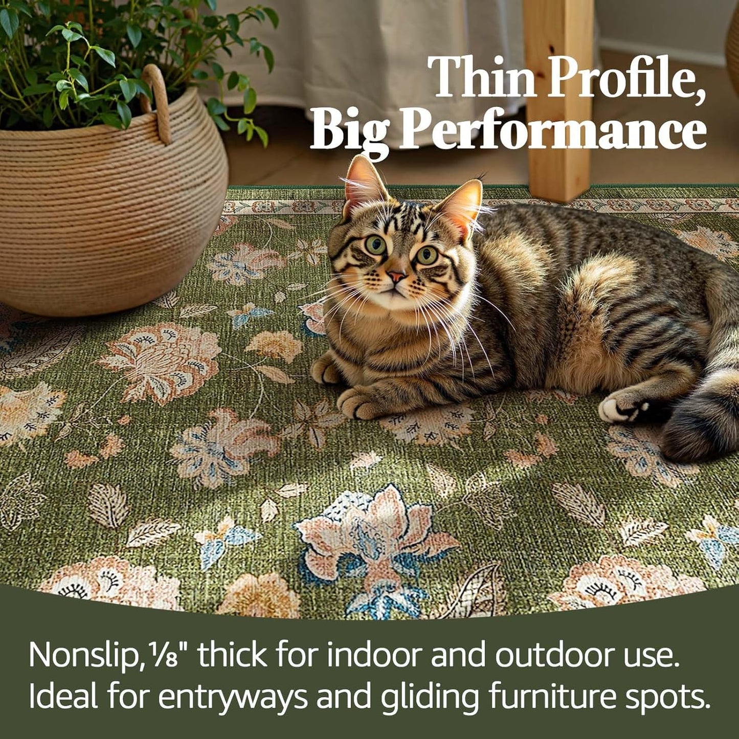 jinchan 3x8 Floral Runner Rug for Hallway Washable Kitchen Runner Vintage Romance Design Non Slip Thin Indoor Floor Cover Low-Profile Throw Carpet for Entryway Bathroom Bedroom Porch, Green