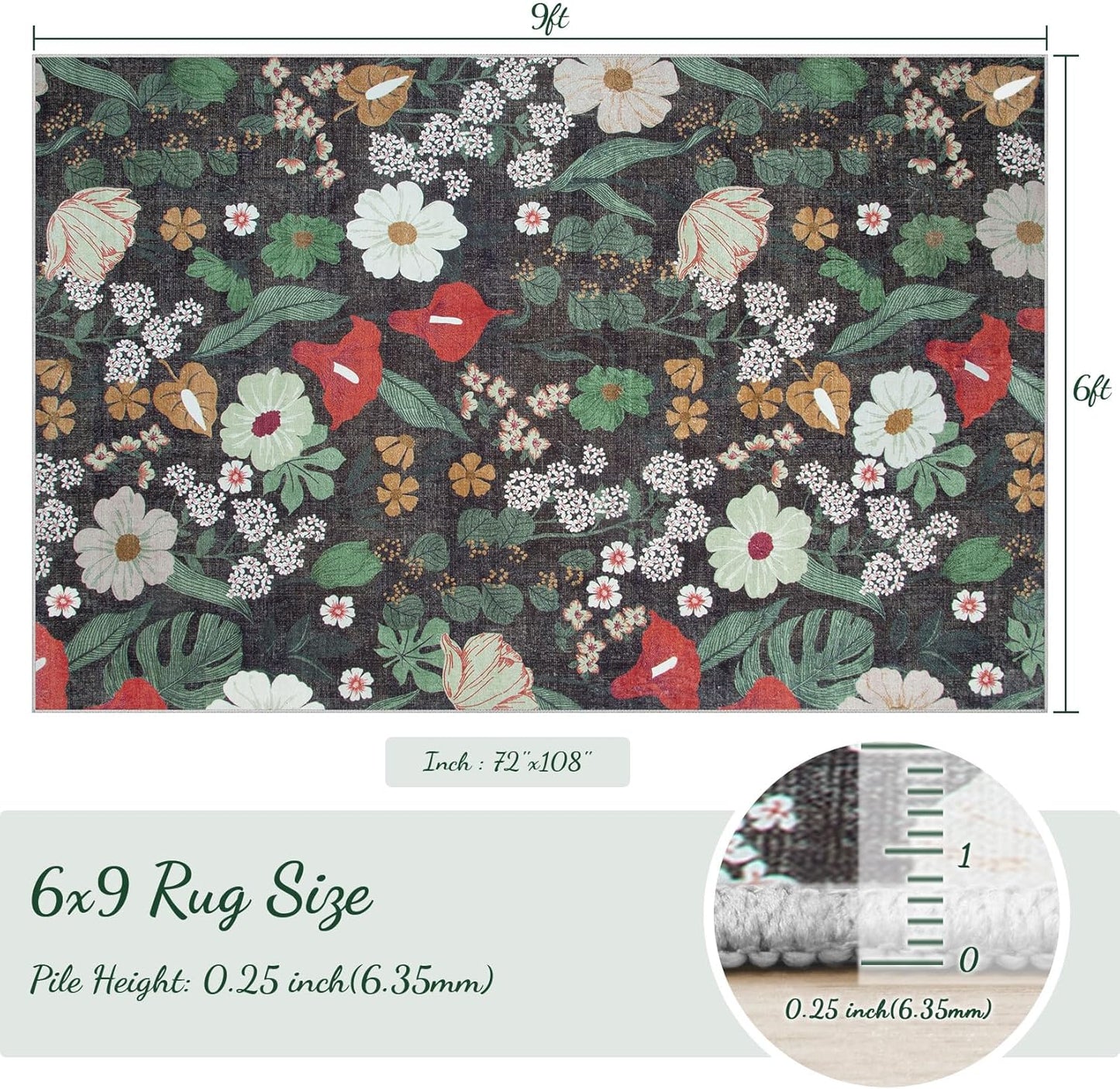 Area Rug Living Room Rugs: 6x9 Washable Rug Vintage Floral Soft Boho Non Slip Carpet Indoor Floor Non Shedding Low Pile Thin Carpets for Bedroom Dining Room Farmhouse Nursery Home Office Green