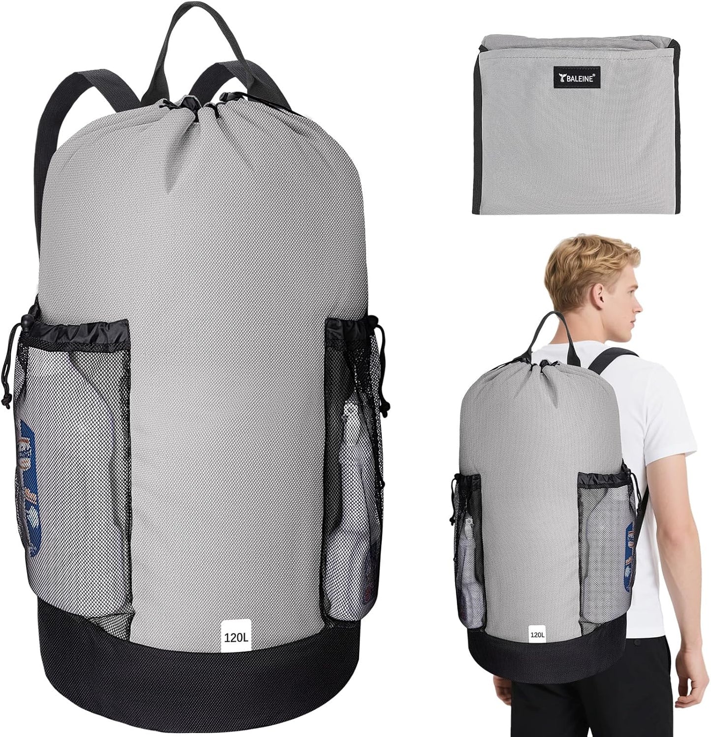 BALEINE 120L Laundry Bag Backpack, 900D Oxford Fabric Large Travel Laundry Bags with Shoulder Straps and 2 Mesh Pockets for College Dorm, Apartment, Laundromat (Gray, 120L)
