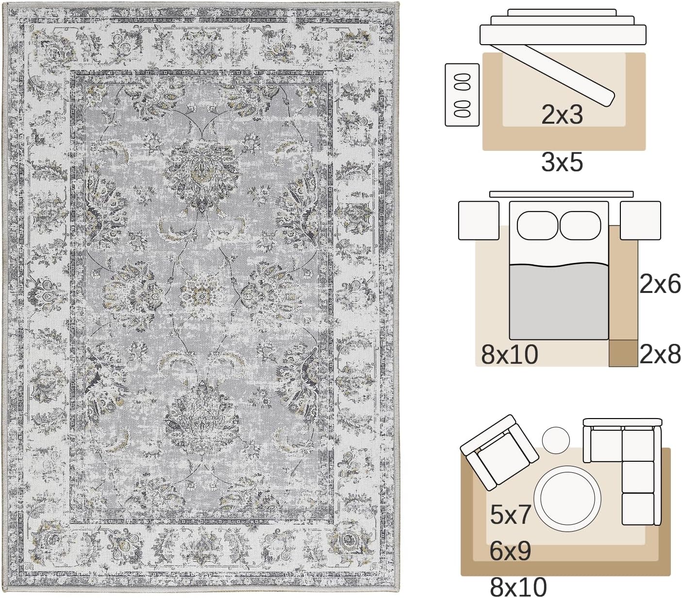 jinchan Floral 2x3 Rugs for Entryway - Vintage Washable Small Non-Slip Distressed Indoor Doormat Ultra-Thin Low-Pile Accent Rug for Entrance Kitchen Bedroom Bathroom (2x3ft,Grey)