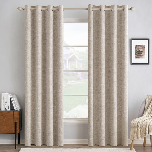 MIULEE 100% Blackout Linen Textured Curtains for Bedroom Solid Thermal Insulated Natural Grommet Room Darkening Curtains & Drapes Luxury Decor for Living Room Nursery 52 x 96 Inch (2 Panels)