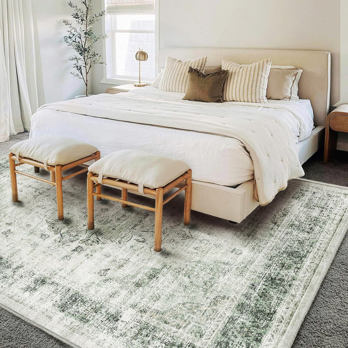 Washable Area Rug 10'x14' Floral Green Boho Design Non-Shedding Easy Care Ideal for High Traffic Areas in Living Room Bedroom Office Coffee Table Kitchen Large Carpet