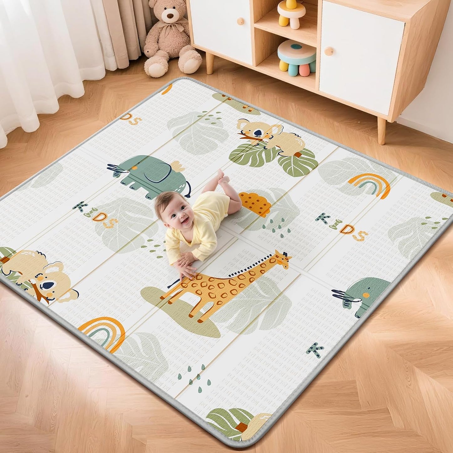 Foldable Baby Play Mat, PIGLOG 50x50 Playpen Mat, Waterproof Playmats for Babies and Toddlers Kids, Safe Foam Playmat for Tummy Time, Reversible Portable Baby Floor Mat for Infant, Giraffe + Elephant