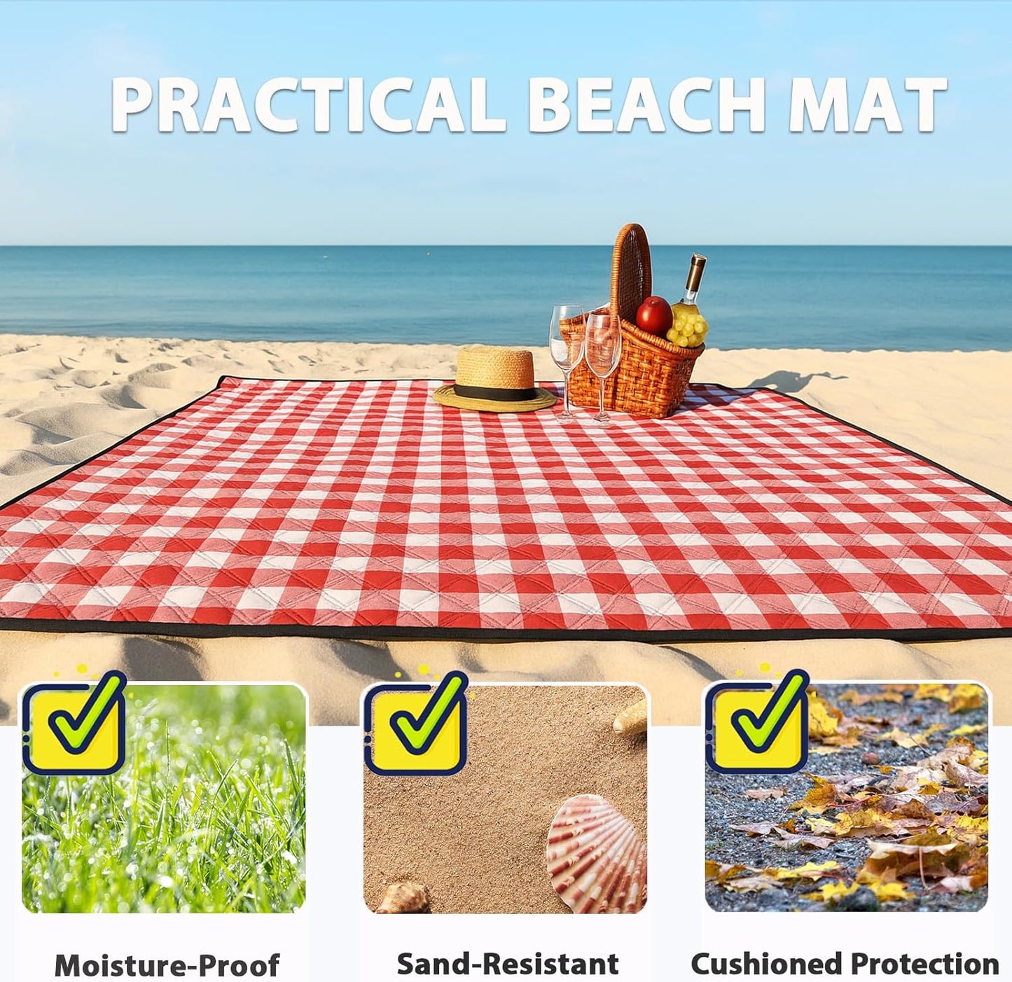 TigeJoy Extra Large Picnic Blanket Waterproof Foldable 80''x100'', Outdoor Picnic Mat Beach Blanket Sandproof for Park, Grass, Travel, Hiking, Camping Essentials, Gingham Picnic Blanket