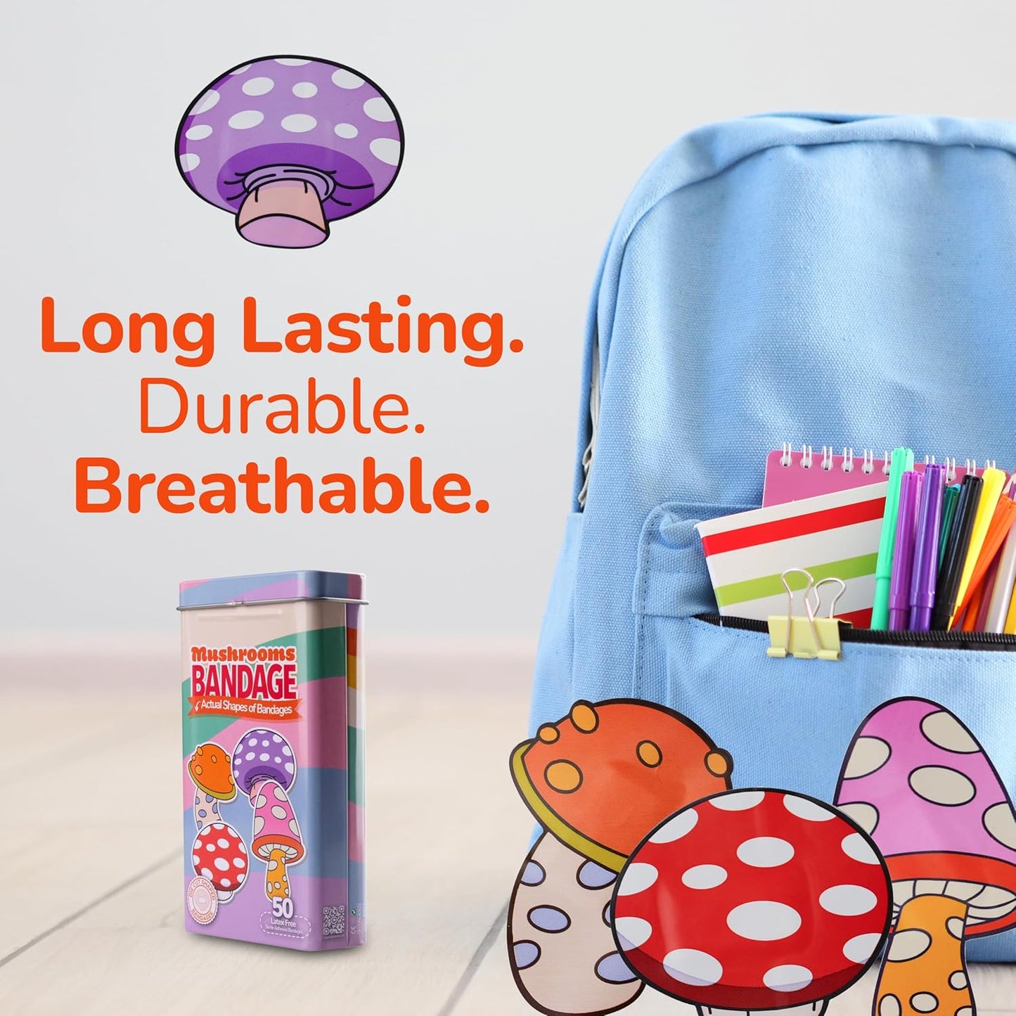 BioSwiss Bandages, Mushroom Shaped Self Adhesive Bandage, Latex Free Sterile Wound Care, Fun First Aid Kit Supplies for Kids and Adults, 50 Count