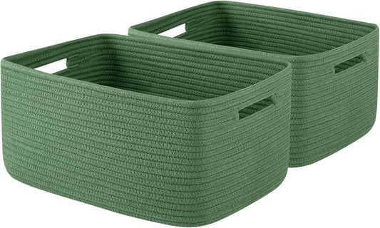 OIAHOMY Storage Basket for Shelves, Closet Cube Storage Bins Baskets for Clothes Blanket Towels, Baby Nursery, Toy Baskets Box, Woven Rope Basket, 17.72*12.99*7.87 IN, 2 Packs Olive Green