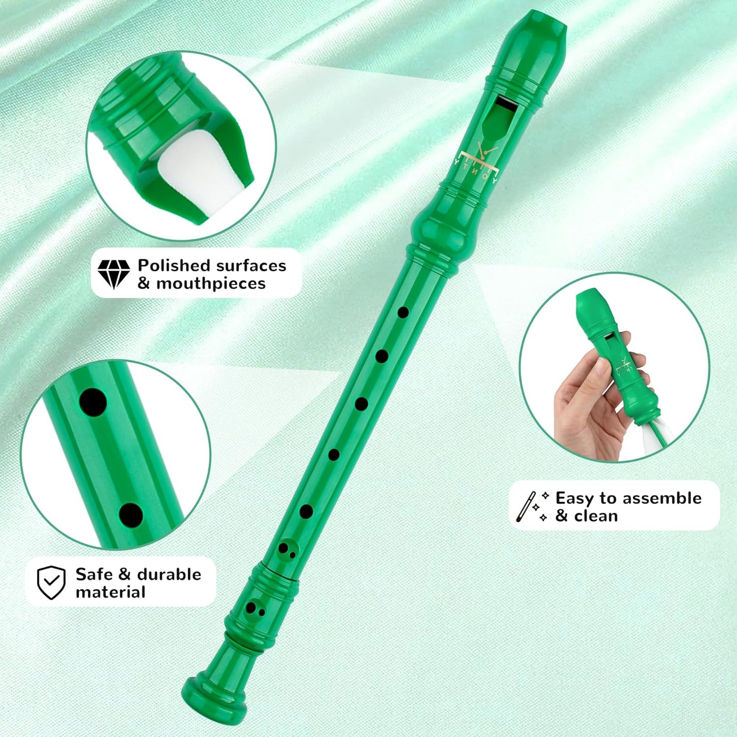 Soprano Recorder 8-Hole Instrument for Beginners Kids Students, German Style C Key Flute with Cleaning Rod & acking Bag for Education & Entertainment - Green