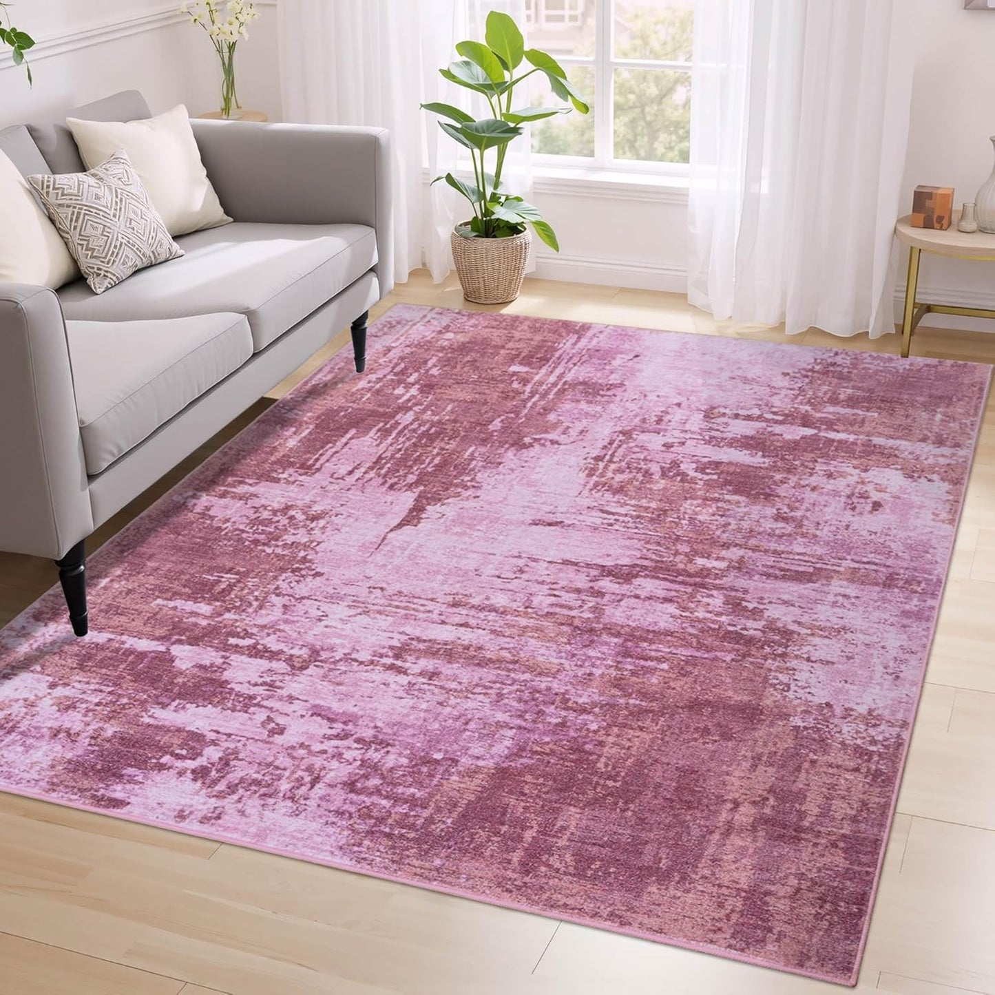 Nursery Rug for Baby Girl, 5x7 Hot Pink Washable Rugs for Living Room Bedroom Non Slip, Stain Resistant Neutral Carpet Low Pile for Classroom, Dining Room, Kids Playroom, Office