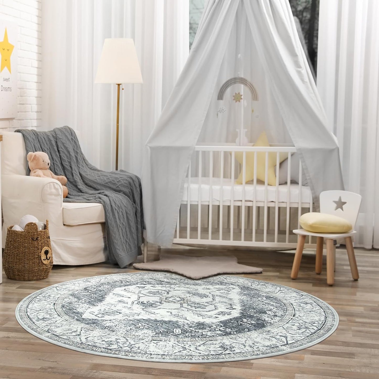 Lahome Boho Round Rugs - 4Ft Washable Non-Slip Small Round Area Rug for Bedroom Grey Lightweight Round Throw Rug, Oriental Distressed Print Indoor Circle Rugs for Bedroom Entryway Bathroom Kitchen