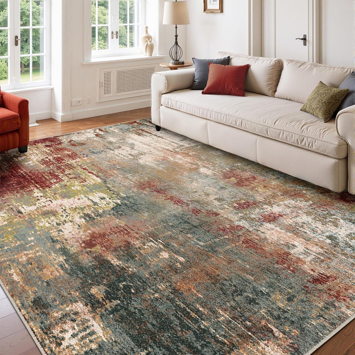 Washable Area Rugs 7'x9' Non-Slip Modern Abstract Soft for Living Room Entryway Bedroom Nursery, Print Pattern, Brown Rust Red Multi
