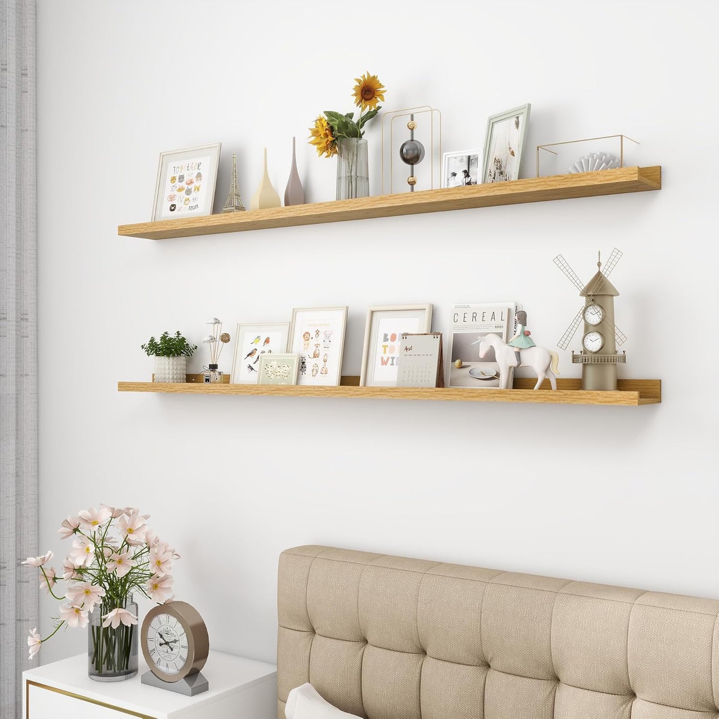 Picture Ledge Shelf, Wood Long Floating Shelves for Wall, Set of 2, 56 inch Picture Ledge Shelves, Photo Ledge Nursery Book Shelves Wall Mounted for Living Room Kids' Room Bedroom, Color Oak