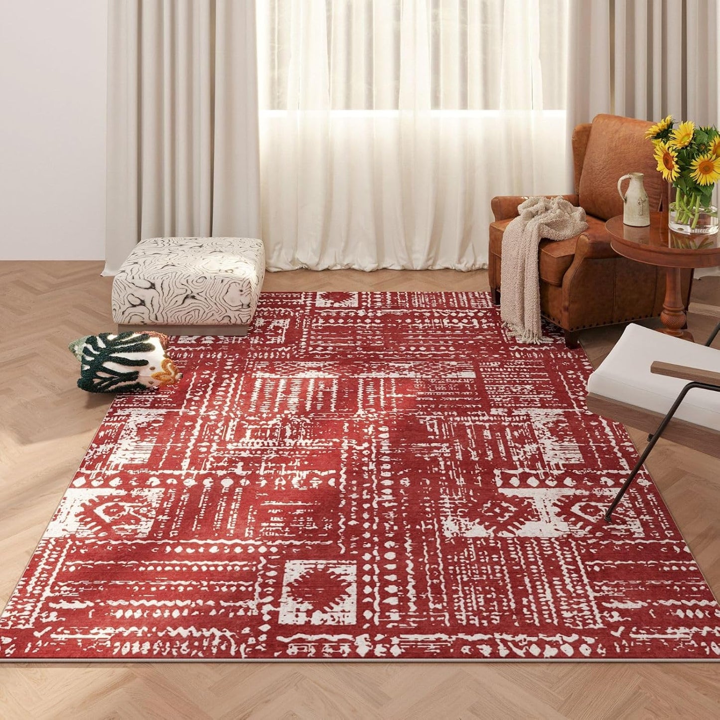 Living Room Rug 5x7 Rug Machine Washable Boho Area Rug Non Slip Moroccan Vintage Low Pile Large Rugs for Living Room, Bedroom, Farmhouse, Dining Room, Kids Playroom(Terracotta)