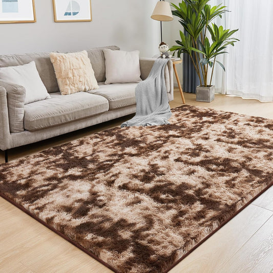 Fluffy Shag Area Rug, 3x5 Tie-Dyed Brown Rugs for Bedroom, Soft Plush Area Rugs for Living Room, Non-Slip Indoor Carpet for Nursery, Study Room, Dressing Room, Home Decor