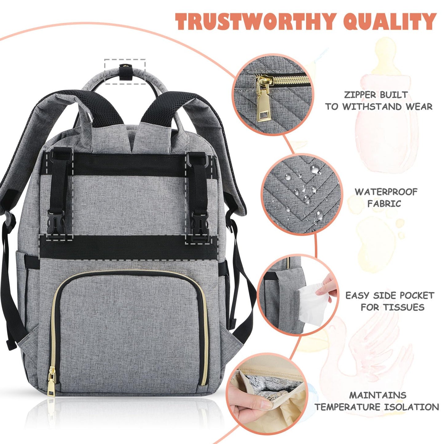 Baby Diaper Bag Backpack, Travel Diaper Bags for Baby Girl Boy Large Capacity Baby Bag Backpack for Women Grey