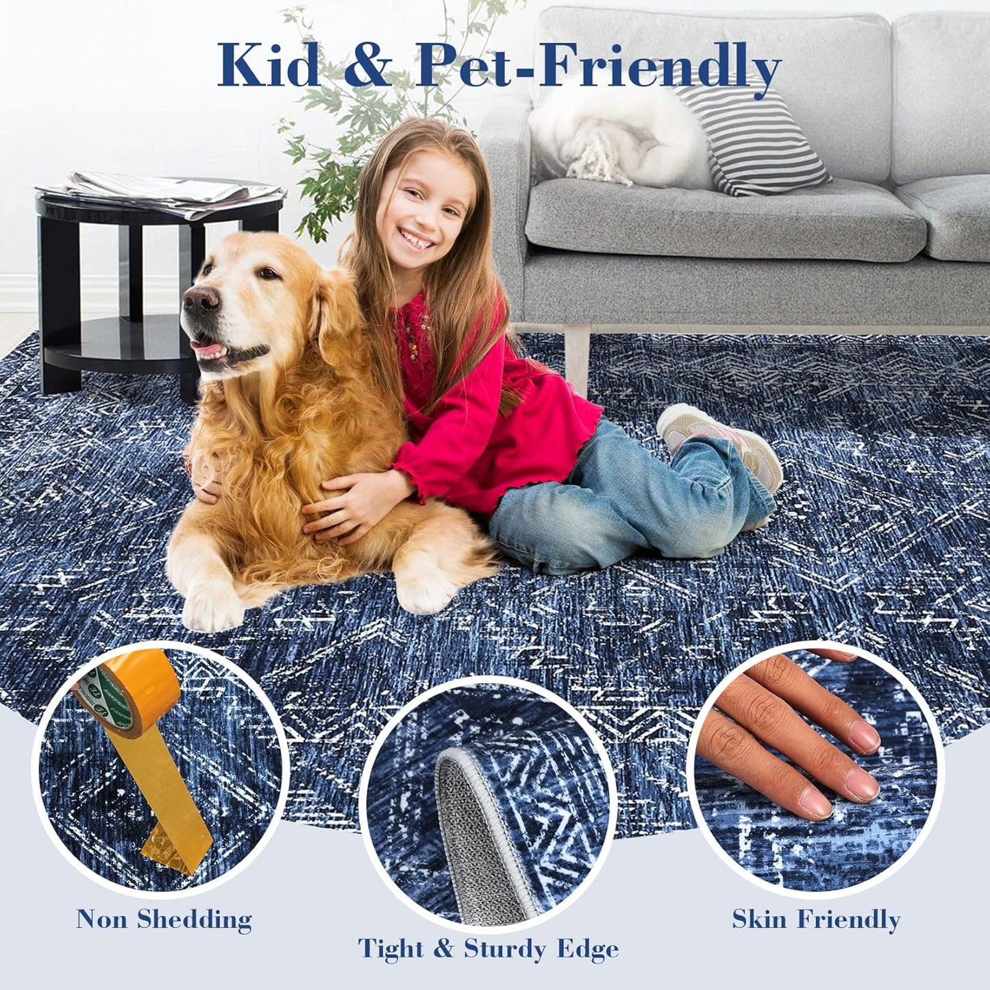 COZYLOOM Washable Runner Rug 2x8 Vintage Non Slip Low Pile Rug Soft Throw Floor Cover Geometric Tribal Foldable Indoor Carpet for Living Room Bedroom Hallway, Blue