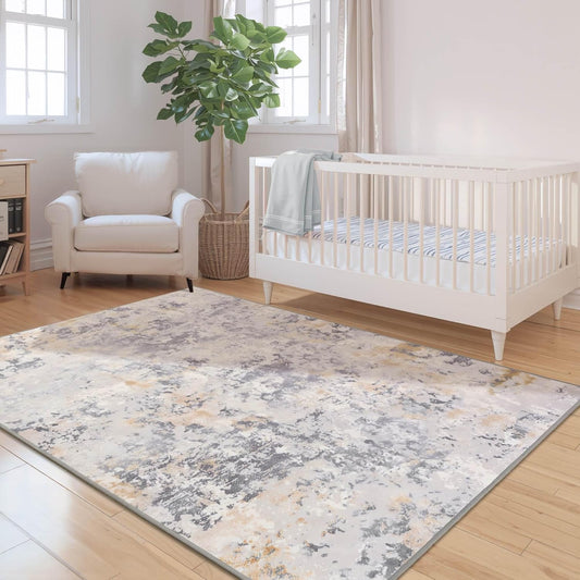 Nursery Rug for Baby Girl, 5x7 Grey Washable Rugs for Living Room Bedroom Dorm Non Slip, Stain Resistant Neutral Carpet Low Pile for Classroom, Dining Room, Kids Playroom