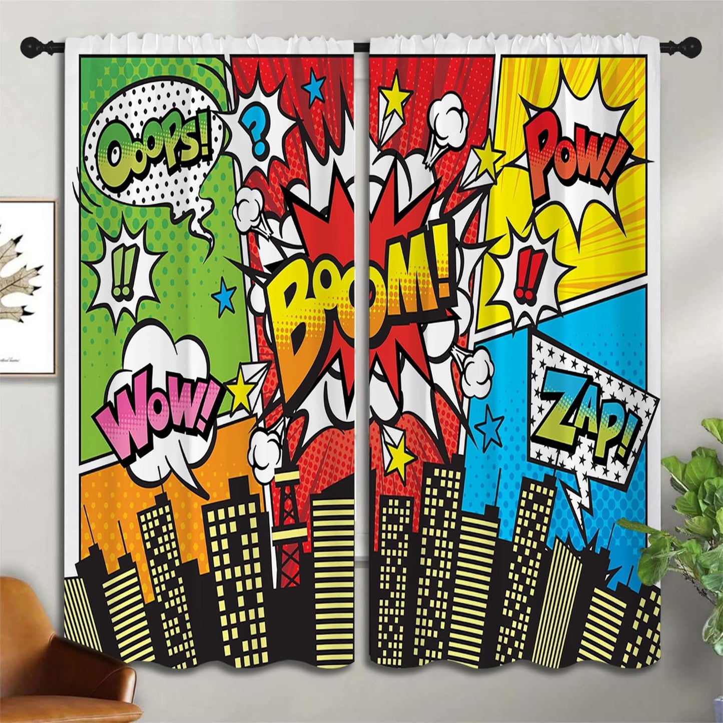 Superhero City Wars Explosion Rod Pocket Blackout Curtains for Boy Girl Bedroom, Colorful Comics Ar Home Energy Efficient Light Filtering Window Curtain for Living Room, 63x63 inch