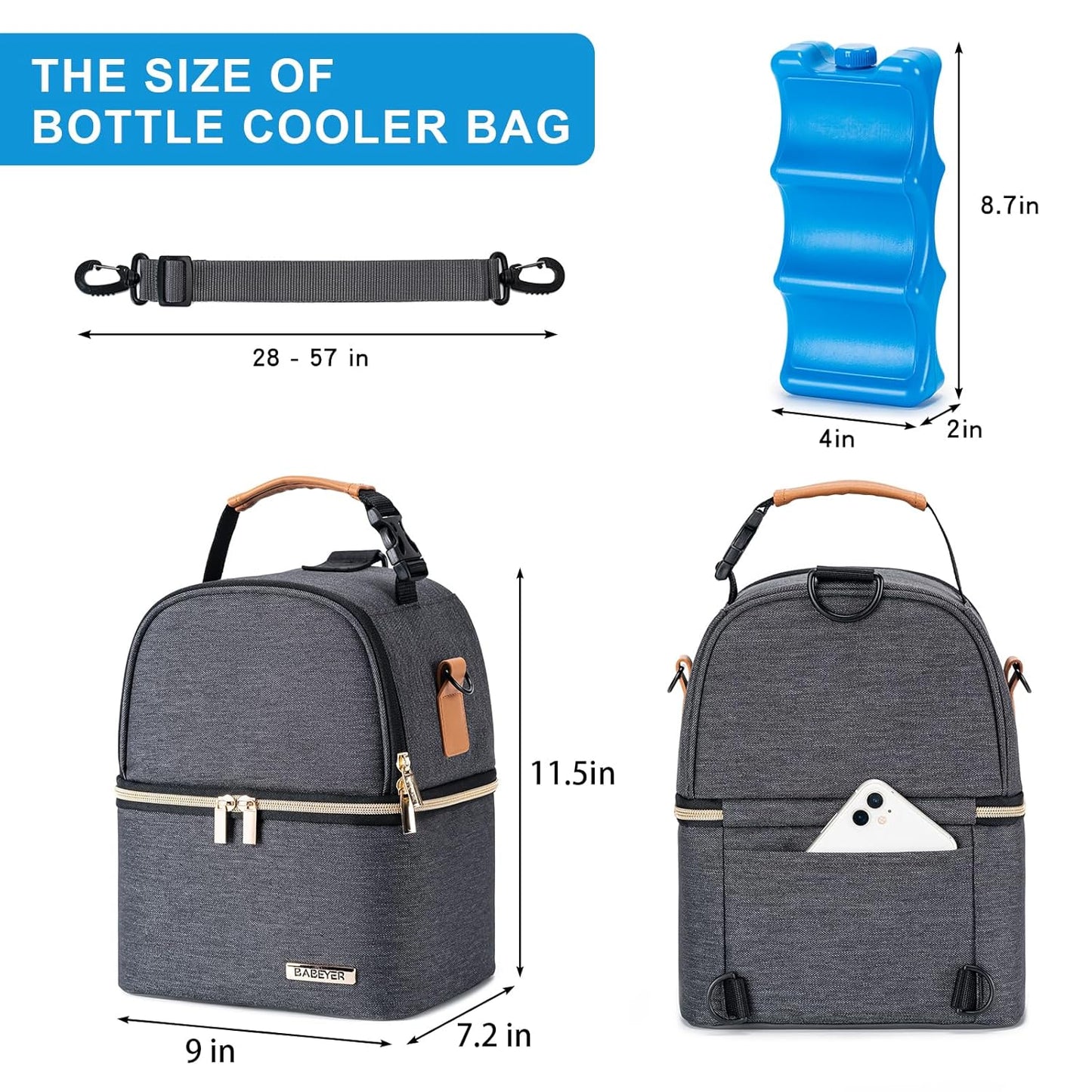 Breastmilk Cooler Bag with Ice Pack Fits 6 Baby Bottles up to 9 Ounce, Breastmilk Pump Cooler Bag with Shoulder Strap for Nursing Mom Daycare, Work, Travel- Grey