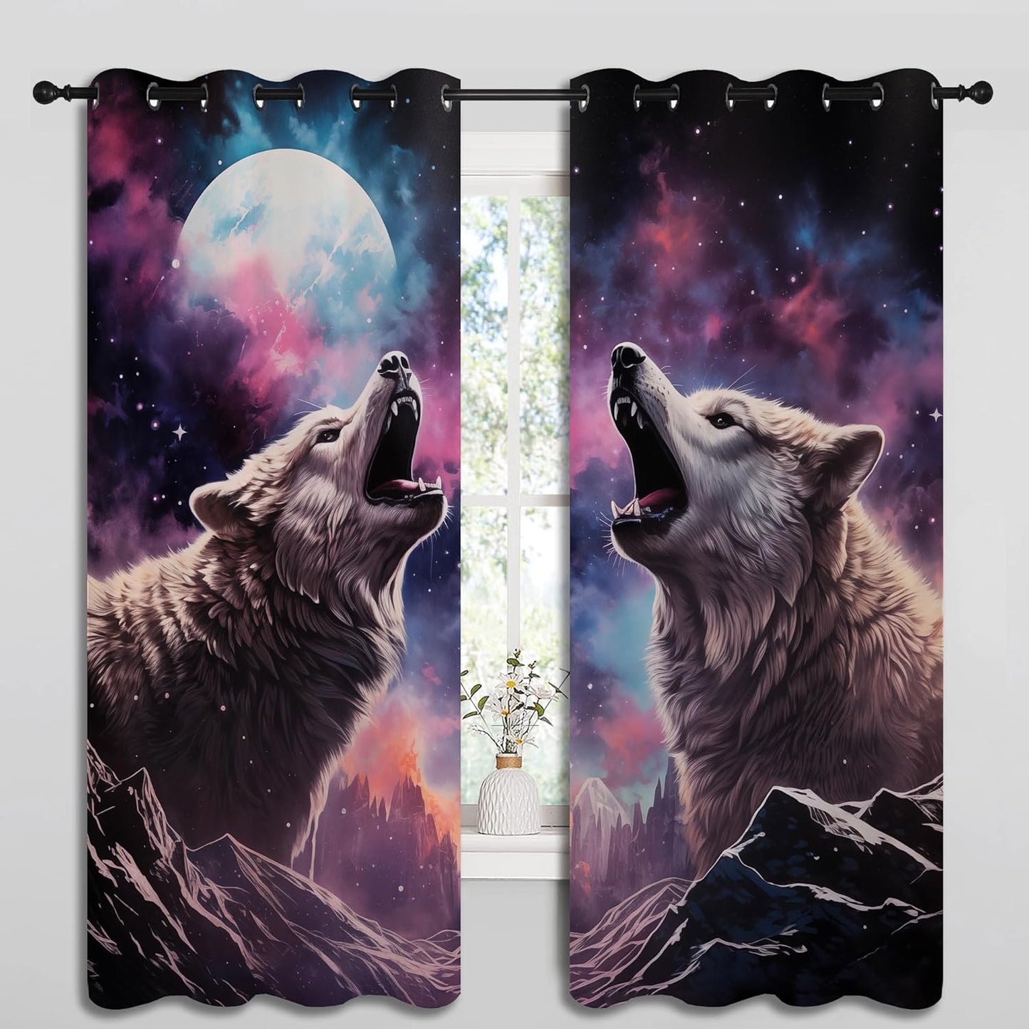 Wolf Blackout Curtains for Boys Girl Bedroom Decor,Fantasy Starry Sky Galaxy Forest Wildlife Thermal Insulated Grommet Drapes Darkening Window Curtain for Living Room Home 55x63 inch
