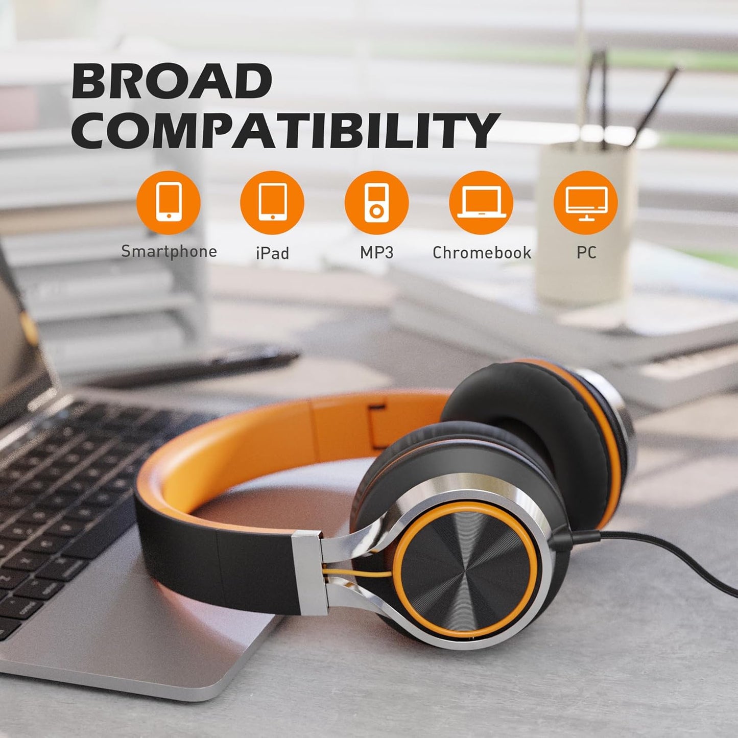 Kids Headphones, Headphones Wired with Microphone and Volume Control Folding Stereo Corded On-Ear 3.5mm Headset for Boys Girl Cellphones Tablets Chromebook Laptop Computer (Black/Orange)