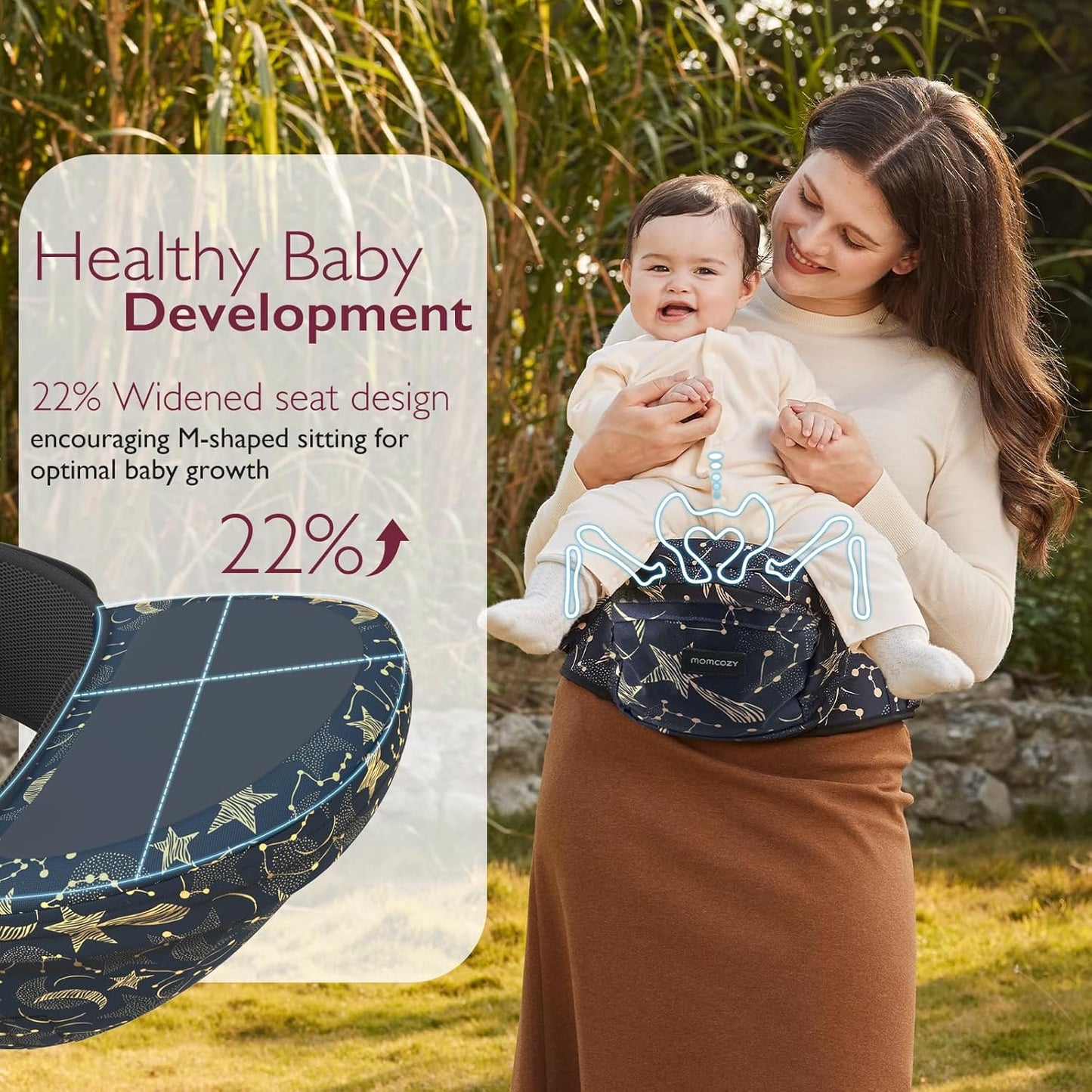 Momcozy Hip Seat Baby Carrier - Adjustable Waistband with Original 3D Belly Protector, Ergonomic Carrier with Various Pockets for Newborns & Toddlers up to 45lbs (Starry Sky, Large)