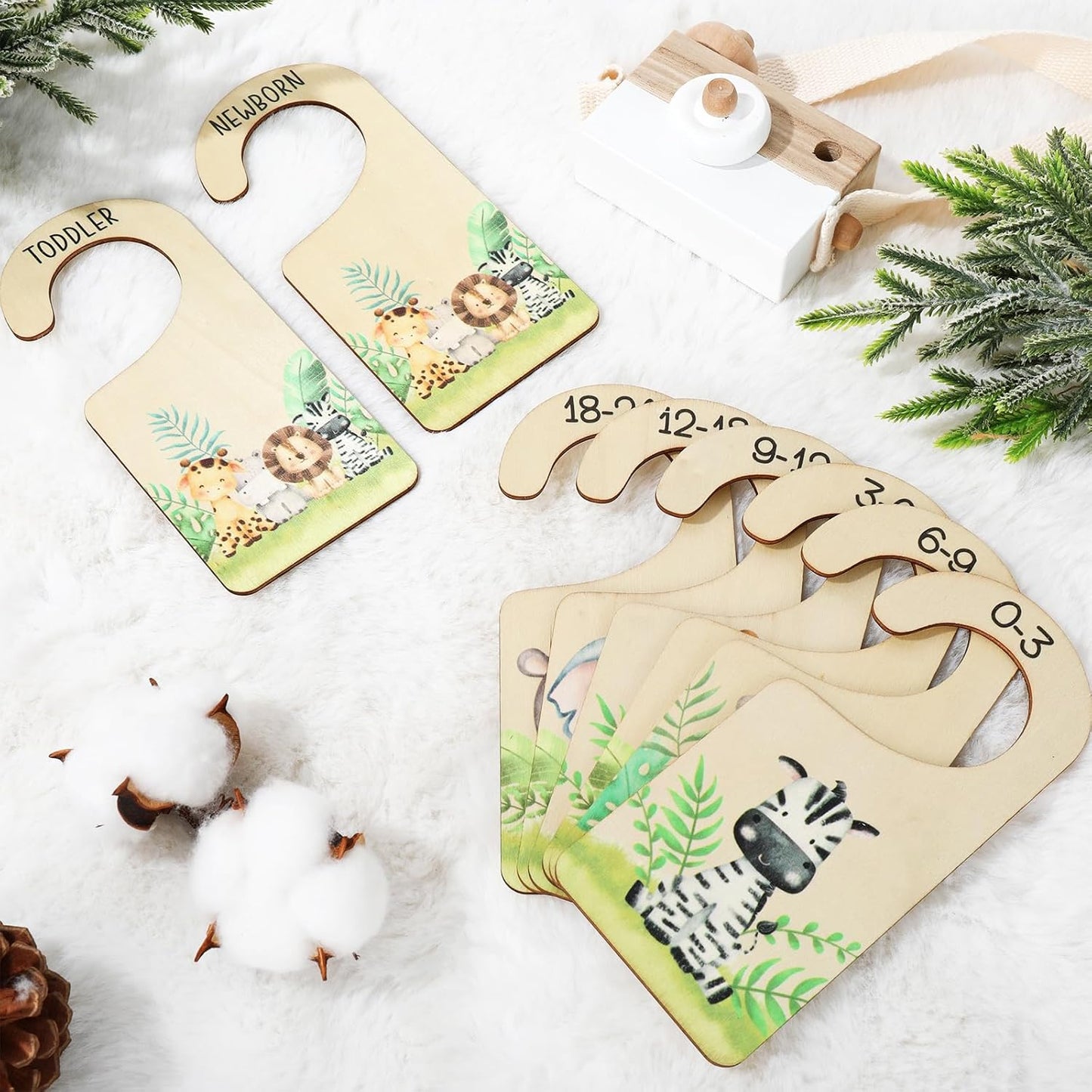 Whaline 8Pcs Baby Closet Size Dividers Watercolor Safari Animals Hanging Wooden Baby Closet Organizer Newborn to 24 Months Thicken Baby Wardrobe Organizer