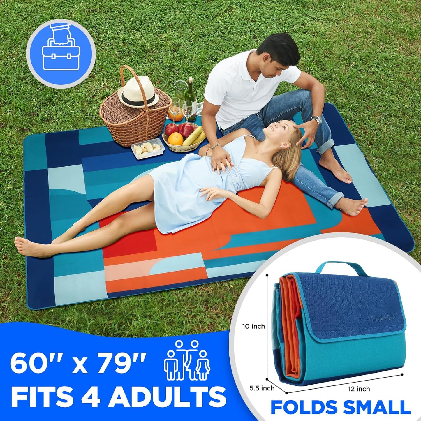 scuddles Compact Picnic Blanket – Extra Large 79" x 59" Outdoor Mat with 3-Layer Waterproof Design, Soft Fleece, Carry Strap & Reinforced Edges for Camping, Beach, Parks & Hiking