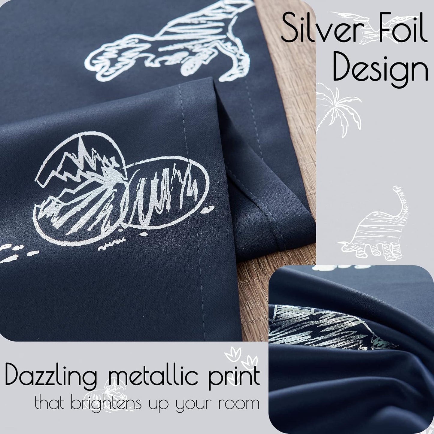 Vangao Kids Curtains Navy Blue Blackout Dinosaur Curtains for Boys Kids Nursery Girls Room Silver Dino Foil Print Thermal Insulated Drapes Grommet Top Window Treatments 63 Inches Length 2 Panels