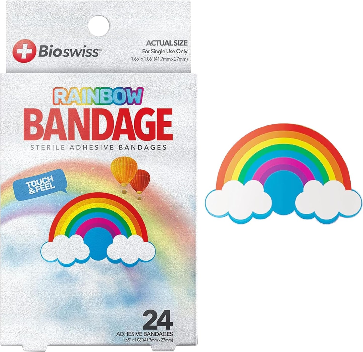 BioSwiss Bandages, Rainbow Shaped Self Adhesive Bandage, Latex Free Sterile Wound Care, Fun First Aid Kit Supplies for Kids, 24 Count