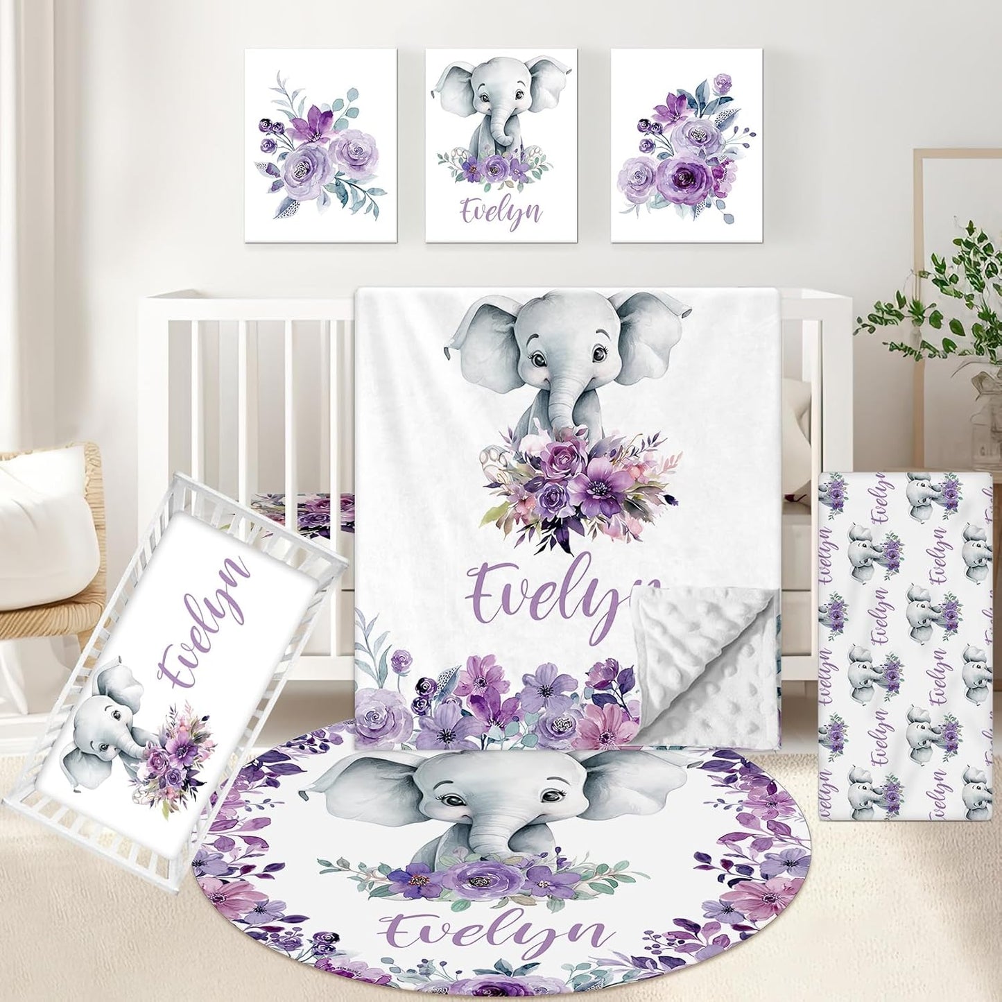 Personalized Baby Crib Bedding Set, 5 Pcs Custom Baby Bedding Set with Name, Double Layer Baby Elephant Crib Set for Girls, Soft Flannel Nursery Bedding Set, Toddlers Infants New Parents Gift