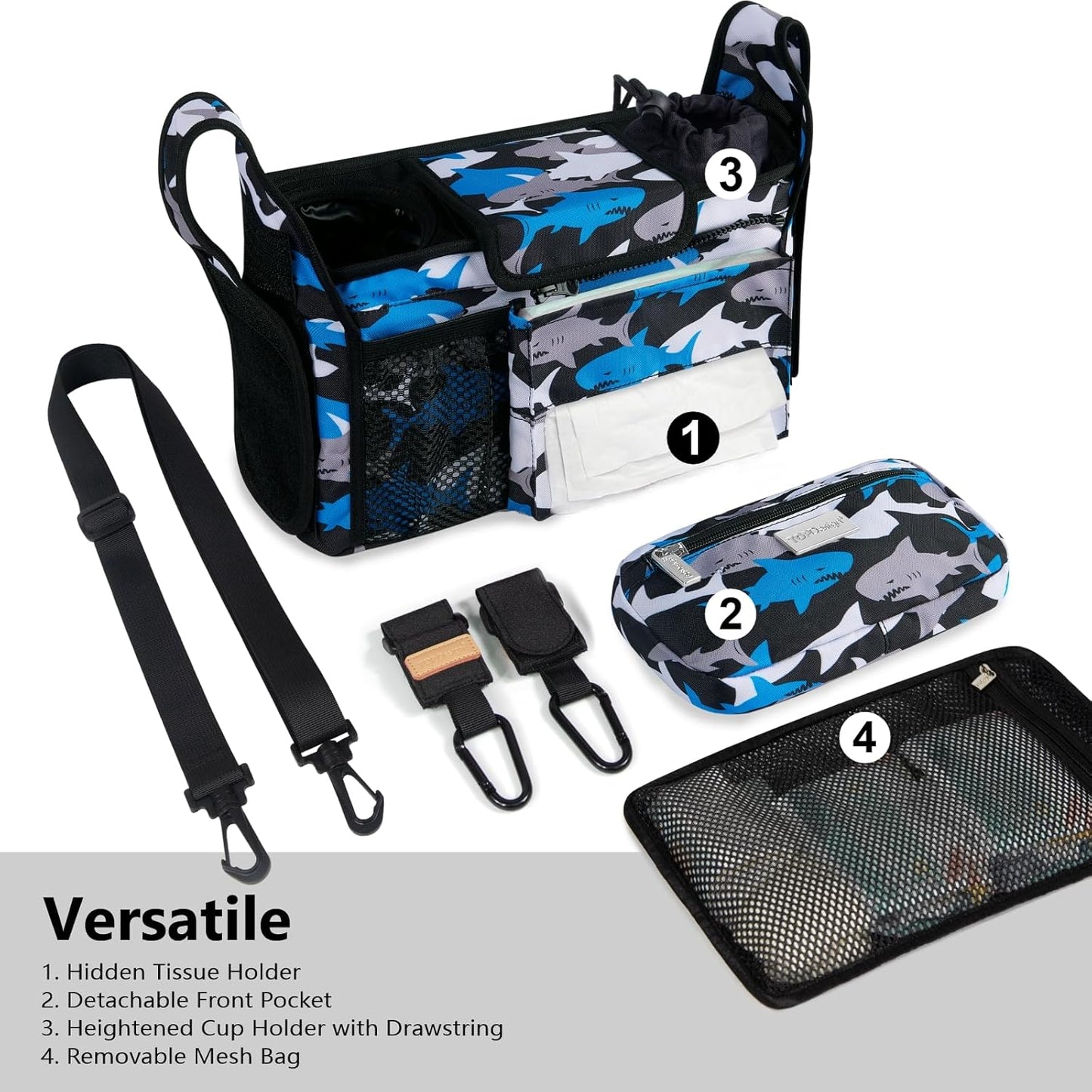 TOPDesign Universal Baby Stroller Organizer, Stroller Caddy with Detachable Mesh Bag & Heightened Insulated Cup Holders & Non-Slip Secure Hooks Accessories, Fits Most Strollers (Sharks)