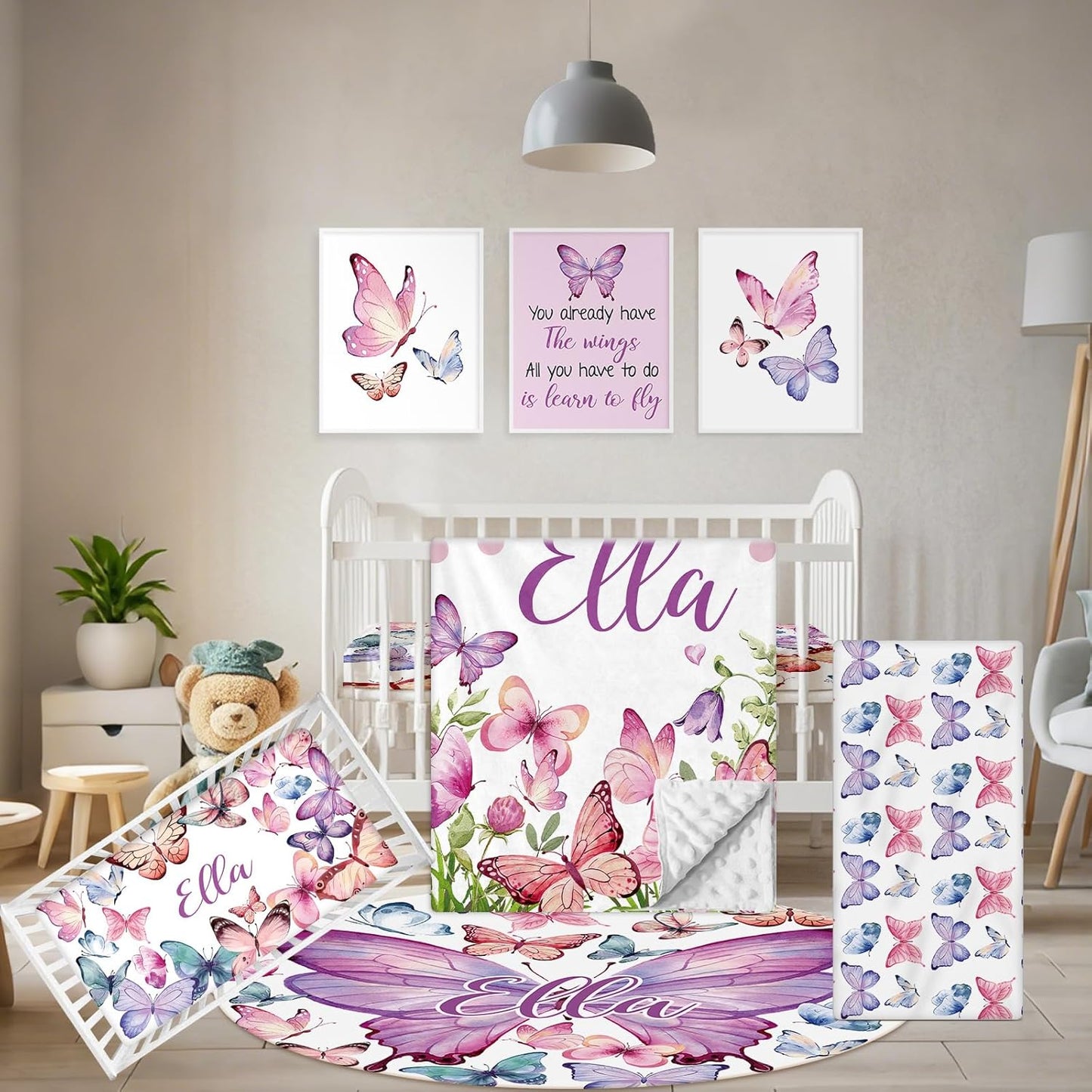 Personalized Baby Bedding Set, 5 Pcs Custom Infants Bedding Set with Infant Name, Double Layer Nursery Crib Set for Girls Boys, Customized Gifts for Toddler Baby Shower, Pink & Purple Butterfly
