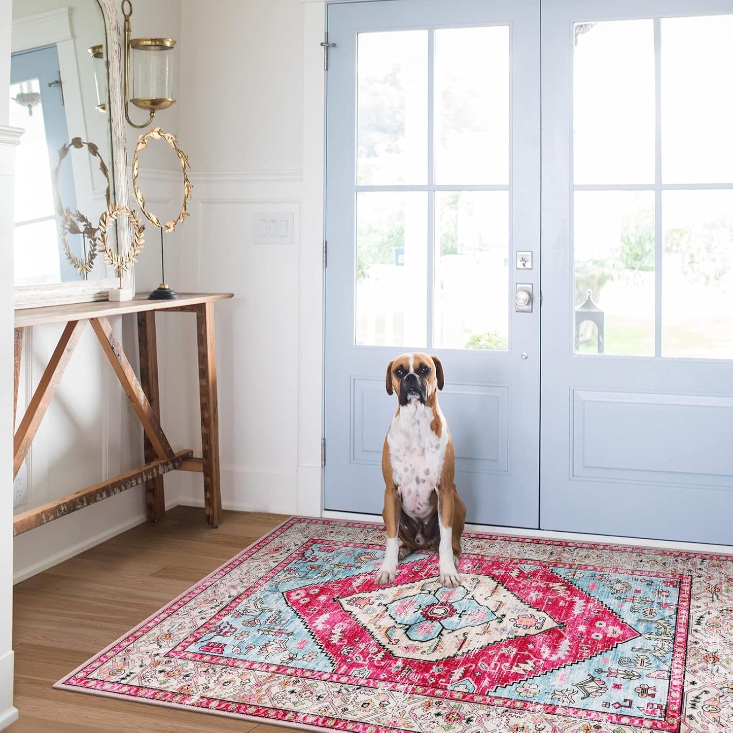 Lahome Boho Round Rug - 6Ft Washable Area Rug, Non-Slip Small Bathroom Rug, Lightweight Bedroom Throw, Oriental Distressed Print Carpet for Entryway, Sofa, Nursery, Kids Room