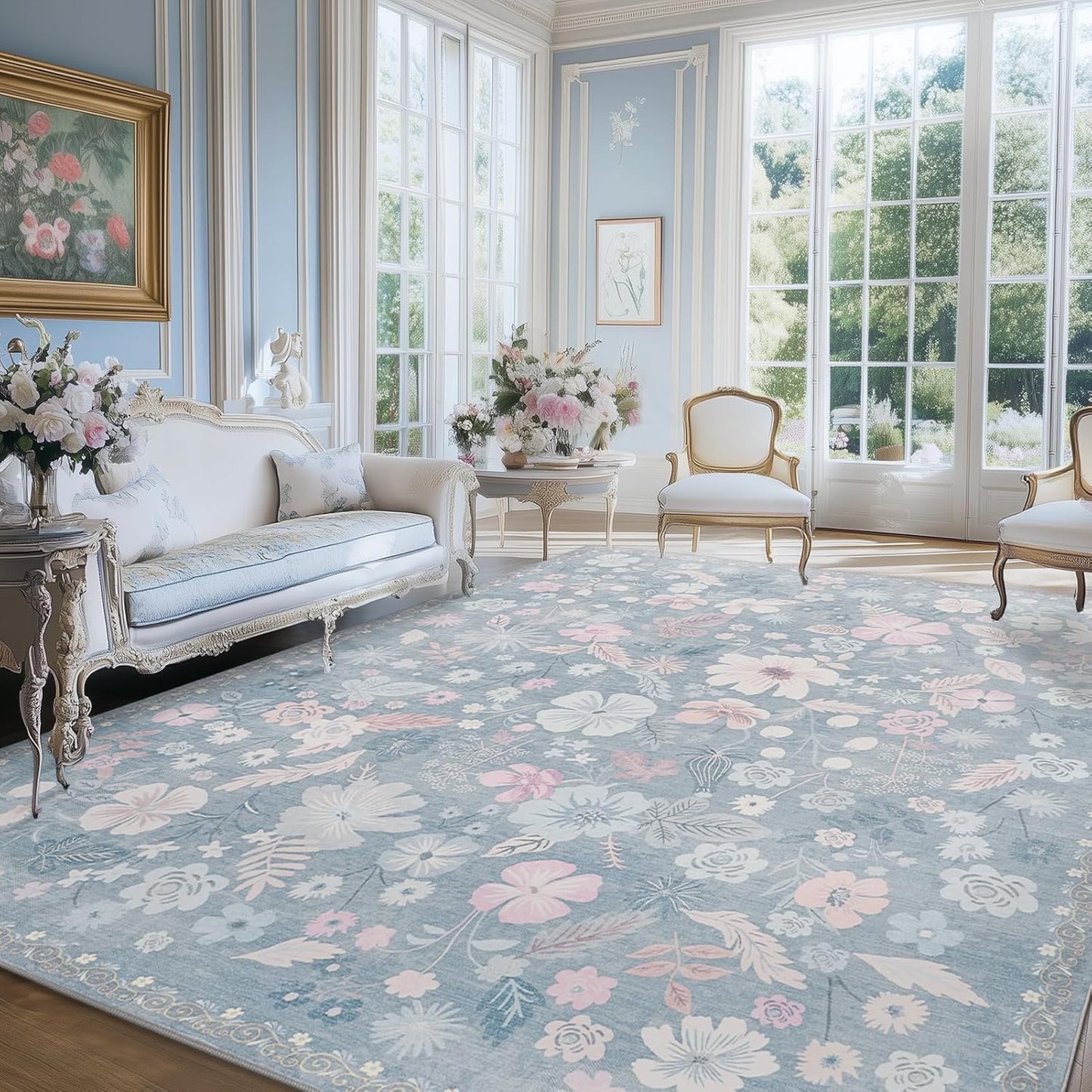Blue 5x8 Area Rugs for Living Room Washable Soft Faux Fur Elegant Vintage Rugs Boho Floral Non Slip Stain Resistant Sound Absorbing Low Pile Carpet Rug for Bedroom Dining Room Nursery