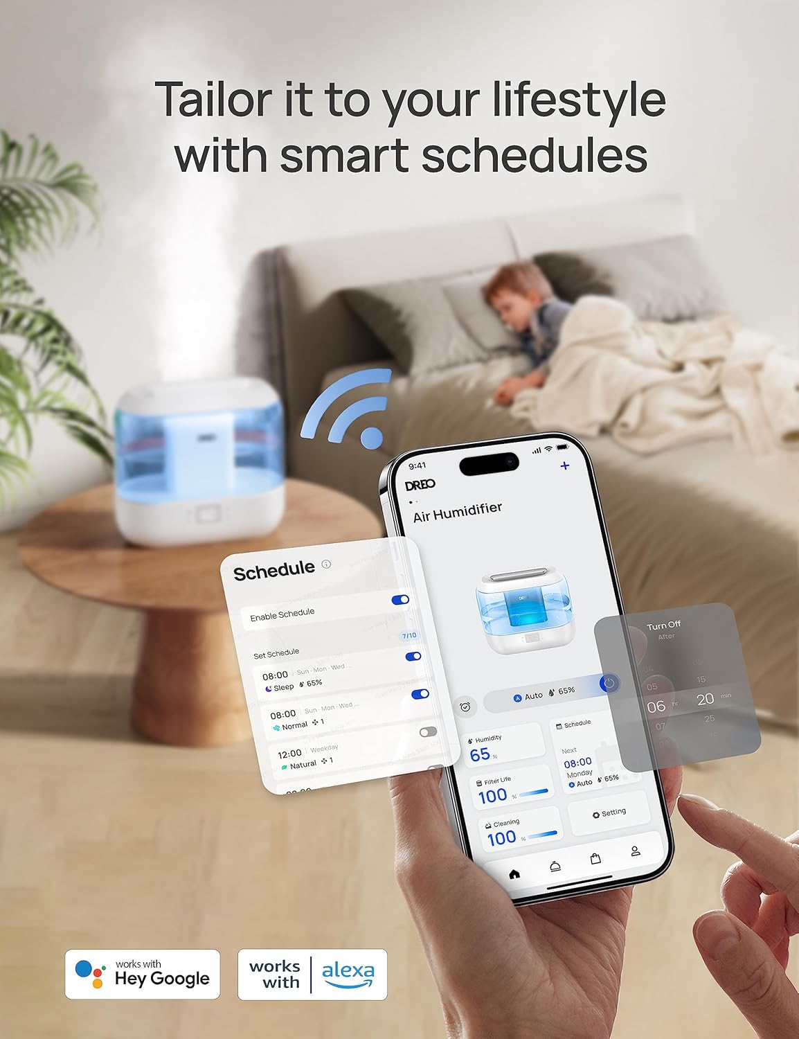 Dreo Humidifiers for Bedroom, Top Fill 4L Smart Cool Mist Humidifier with Oil Diffuser, Cartridge, Nightlight, 36H Runtime, Quiet Ultrasonic Humidifiers for Home, Baby Nursery, Plants, Office, HM311S