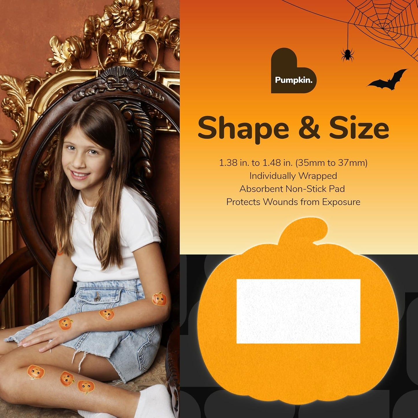 BioSwiss Bandages, Halloween Pumpkin Shaped Self Adhesive Bandage, Latex Free Sterile Wound Care, Fun First Aid Kit Supplies for Kids, 50 Count