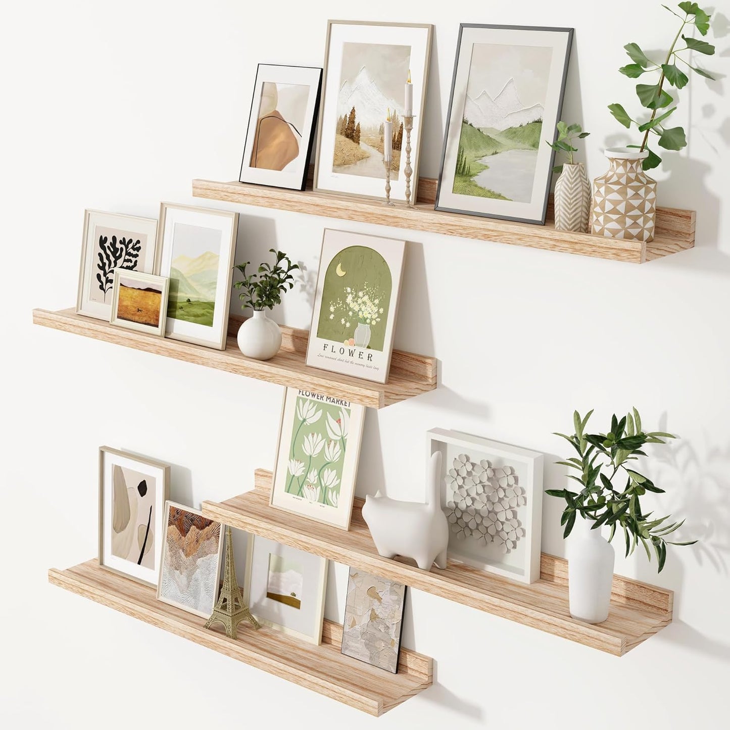 Fun Memories Rustic Wooden Picture Shelves for Wall with Ledge, 36 Inch Floating Shelves with Lip Set of 4, Kids Nursery Book Shelf Photo Shelf, Wall Mounted Display Shelves for Bedroom, Living Room