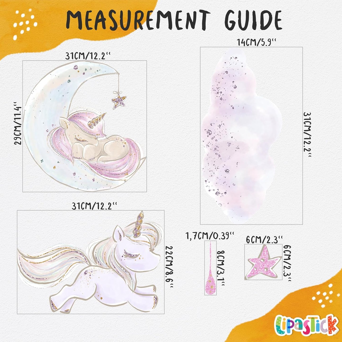 Unicorn Wall Decals by Lipastick - Vibrant Glitter Moon, Stars, Cloud Stickers for Girls Bedroom, Baby Nursery, Kids Room, Birthday Party Decor Art- Wall Stickers for Girls Room