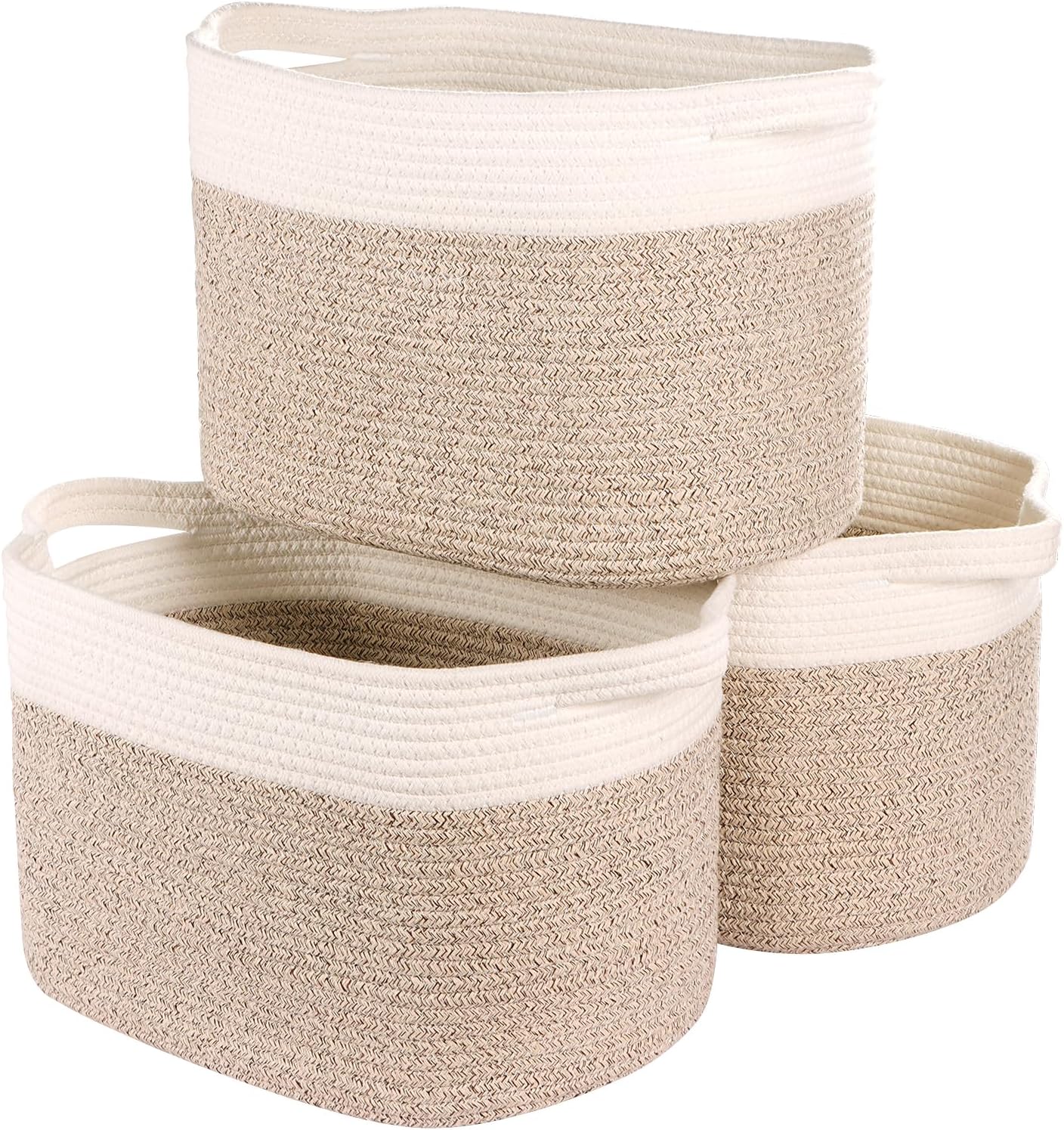 Kntiwiwo Storage Baskets for Organizing 14.7”x11”x9.6” Rope Storage Baskets for Shelves with Handles, Decorative Closet Baskets & Bins, Large Woven Baskets for Storage, White & Brown
