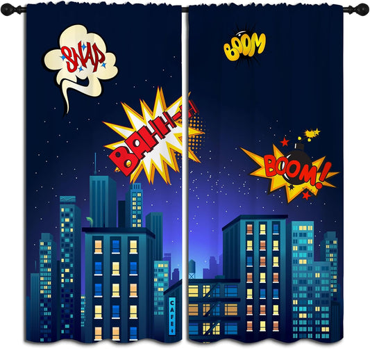 Superhero Rod Pocket Blackout Curtains for Boy Girl Bedroom, Cartoon Skyline Buildings Cityscape Home Energy Efficient Light Filtering Window Curtain for Living Room, 84x84 inch