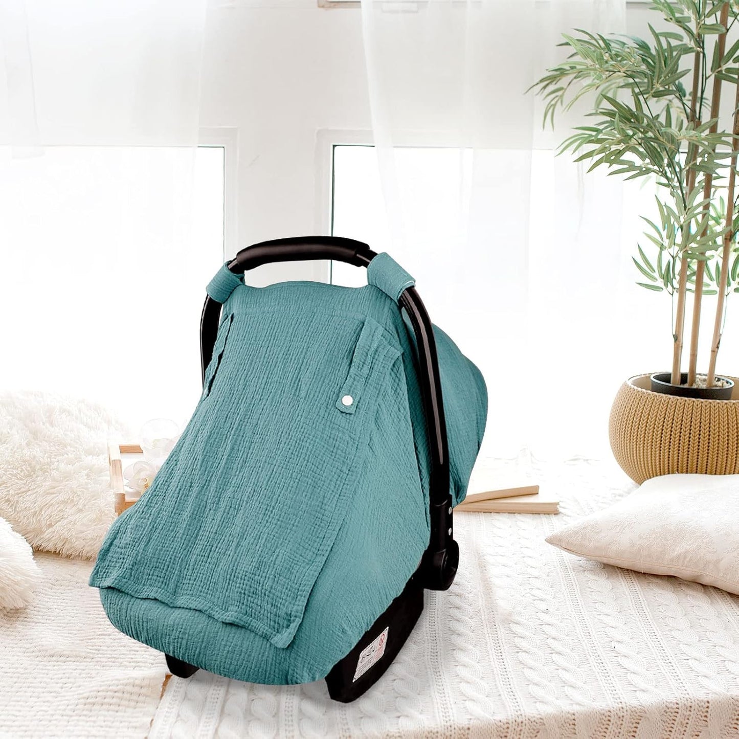 Muslin Car Seat Covers for Babies, Summer Baby Car Seat Cover for Boys Girls with Breathable Window, Lightweight Infant Car Seat Canopy, Blue
