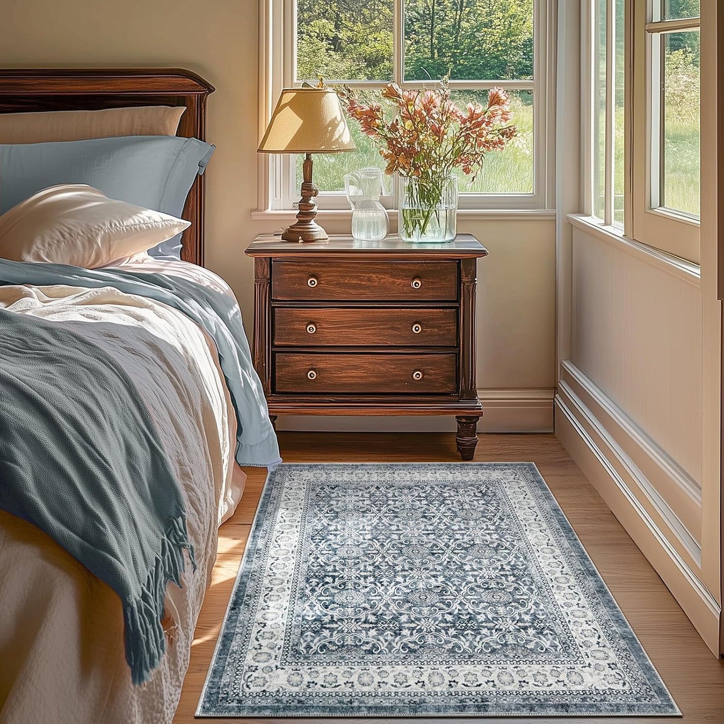 jinchan Floral 3x5 Area Rugs for Entryway - Taupe Vintage Distressed Design Doormat Non-Slip Ultra-Thin Low Pile Boho Rug for Kitchen Living Room Bedroom Farmhouse (3‘x5',Grey)