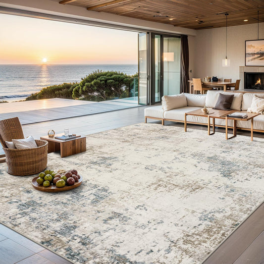 Area Rugs 9x12 Living Room - Washable Rug Modern Abstract Soft Large Neutral Non-Slip Carpet Indoor Floor Stain Resistant Thin Carpets for Bedroom Dining Room Farmhouse Nursery Home Office Multi