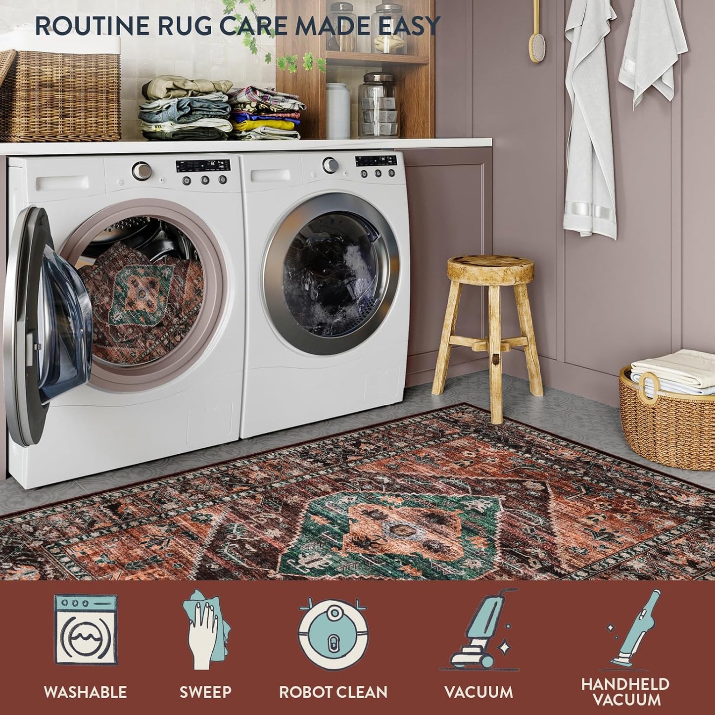 Lahome Area Rugs 9x12 Living Room - Non-Slip Ultra-Thin Washable Large Carpet, Non-Shedding Oriental Vintage Distressed Carpet Rug for Dining Room Bedroom Office