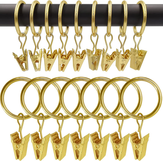 100 Pack Gold Curtain Rings with Clips, Curtain Hooks Hangers Clip Rings for Hanging Drapes Bows Hat, Drapery Rings 1 in I D, Fits up to 5/8 in Diameter Curtain Rod.