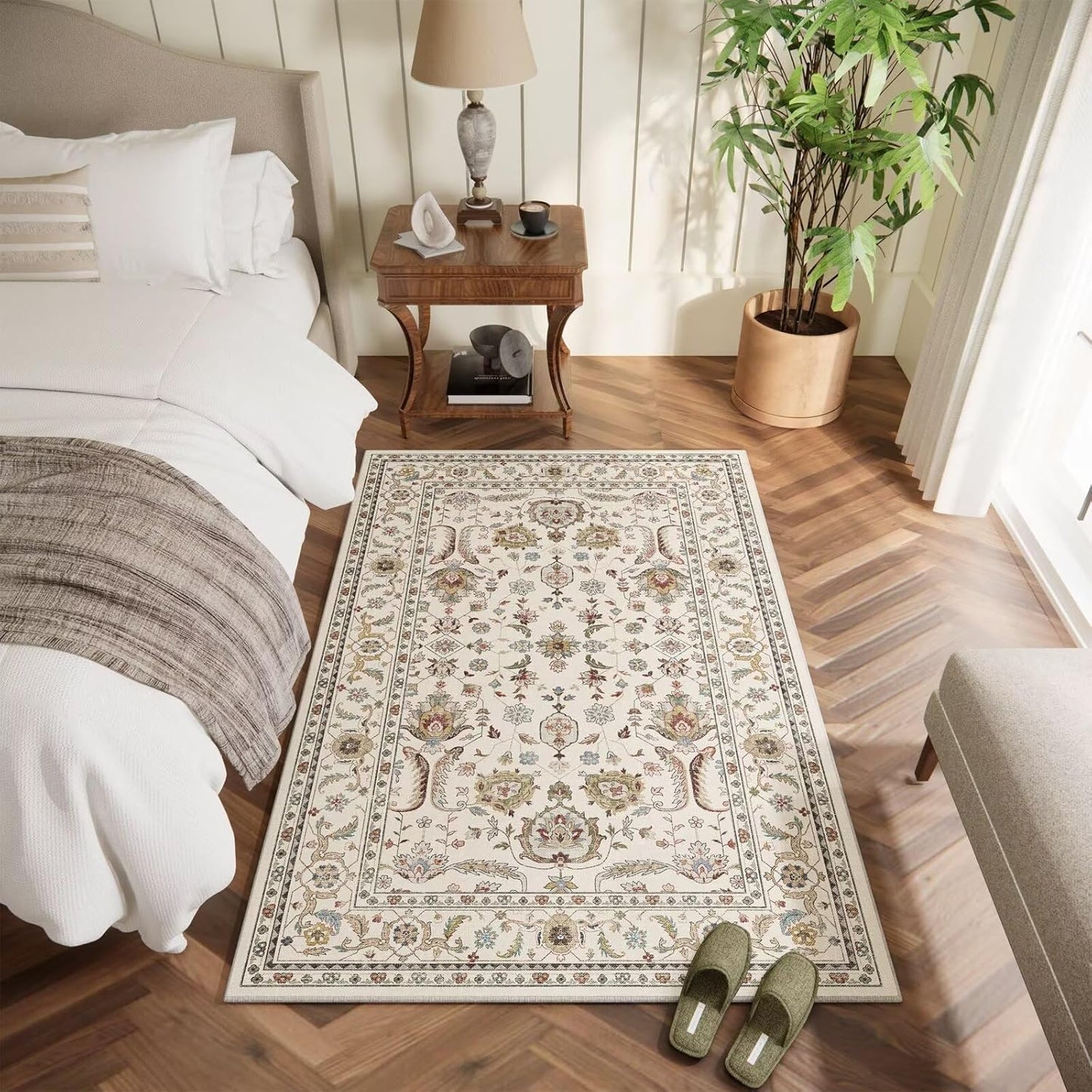 Washable 4x6 Rugs for Living Room, Boho Non-Slip Silicone Backing Small Rugs for Bedroom Nursery Office, 0.3" Neutral Oriental Throw Carpet with 0.16" Cushioning Pad, Light Beige/Multi